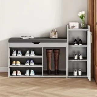 【E-factory】穿鞋椅 換鞋凳 鞋櫃 翻蓋收納穿鞋椅 鞋架 穿鞋椅櫃組合(241-80公分穿鞋椅櫃組合（灰色）)