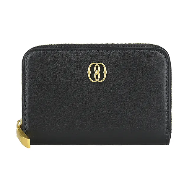 【BALLY】BALLY Emblem簍空金屬LOGO滑面設計小牛皮4卡拉鍊零錢包(黑)
