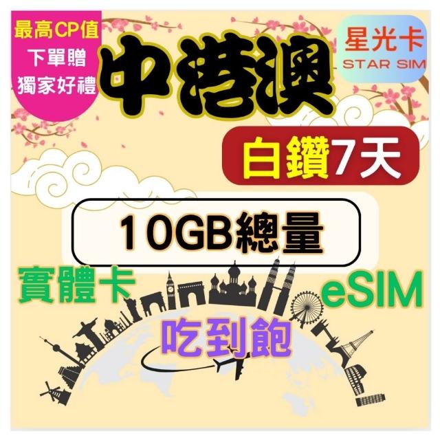 【Star SIM 星光卡】白鑽中港澳 中國香港澳門免翻牆7天10GB 高速 無限量 吃到飽(實體卡  eSIM)