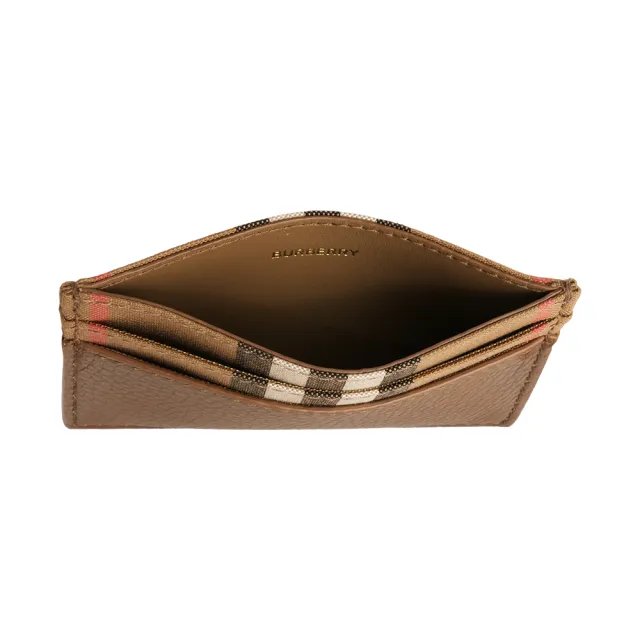 【BURBERRY 巴寶莉】Sandon 格紋帆布及皮革4卡卡片夾/名片夾(土棕色)