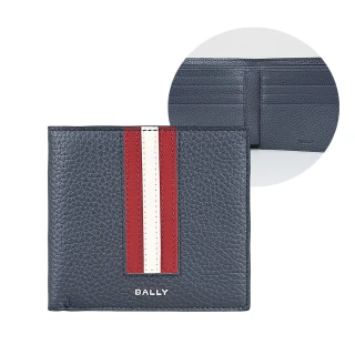 【BALLY】BALLY Ribbon經典燙銀LOGO粒面小牛皮搭配撞色條紋8卡對折短夾(男款/午夜藍)