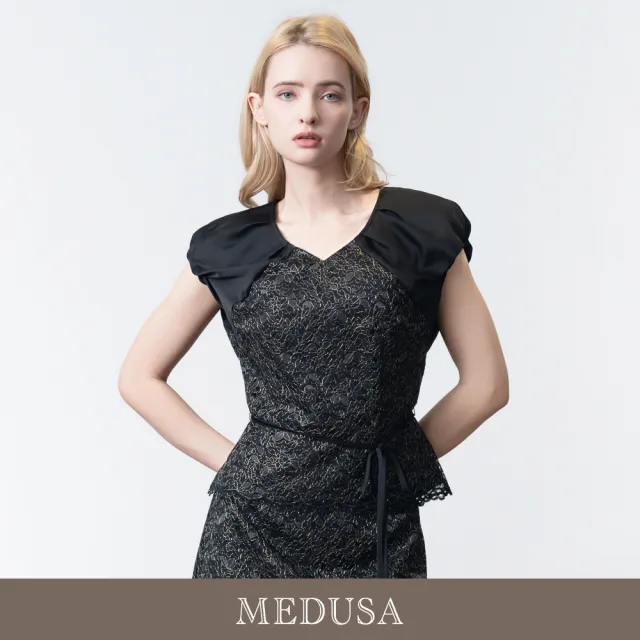【MEDUSA 曼度莎】現貨-夜語金絲緹花泡泡袖蕾絲上衣（M-XL）｜女上衣 宴會禮服 蕾絲緹花(605-5360A)