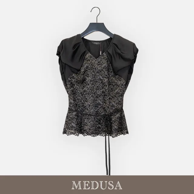 【MEDUSA 曼度莎】現貨-夜語金絲緹花泡泡袖蕾絲上衣（M-XL）｜女上衣 宴會禮服 蕾絲緹花(605-5360A)