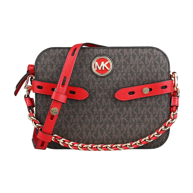 【Michael Kors】MICHAEL KORS Carmen側邊可調節設計印花塗層帆布搭牛皮拉鍊斜背方包(深褐x紅)