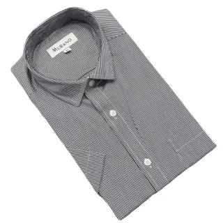 【MURANO】彈力修身短袖襯衫-黑細條(M~2XL 台灣製、現貨、短袖、條紋、彈力)