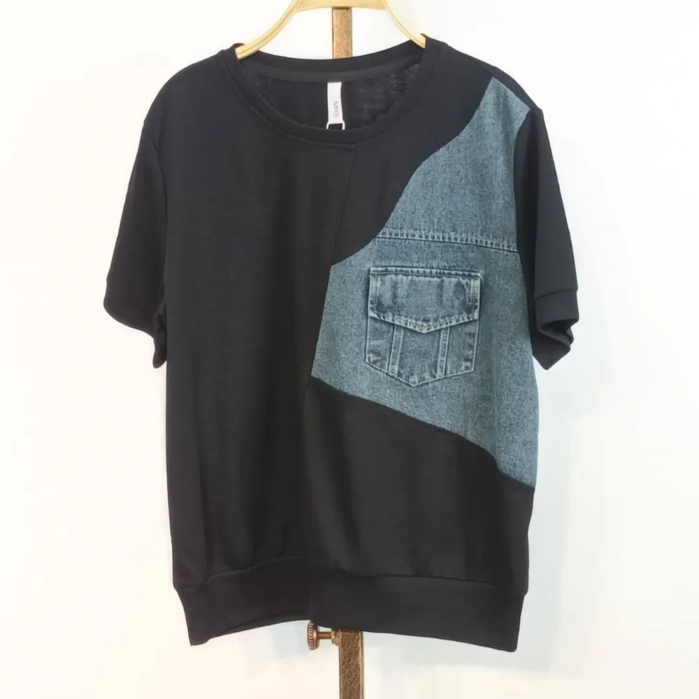 【SuperWands】個性拼接牛仔上衣