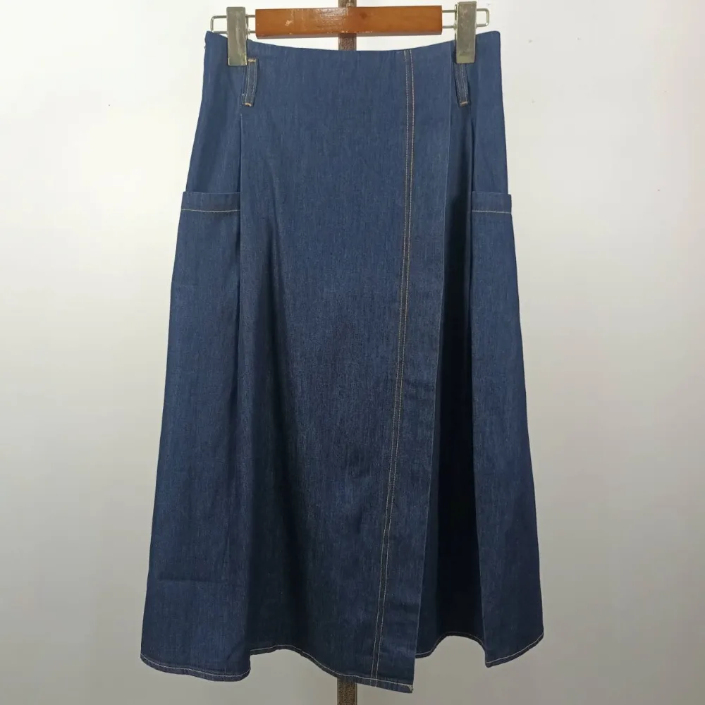 【SuperWands】斜分割假兩片A字復古牛仔裙