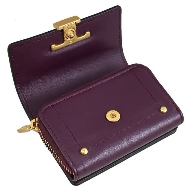 【TOD’S】TODS 金屬T LOGO小牛皮信用卡證件名片零錢包(深紫)