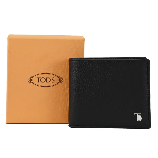 【TOD’S】TODS 金屬T 獅子LOGO小牛皮雙層4卡零錢短夾(黑)