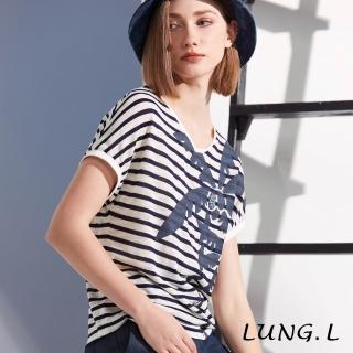 【LUNG.L 林佳樺】LR91A 藍白條紋椰影膠印連袖女裝T恤(春夏新品)