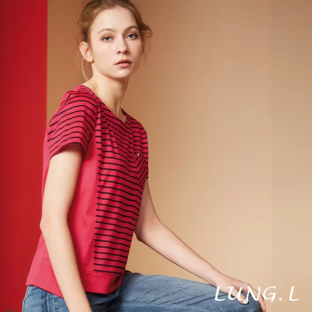 【LUNG.L 林佳樺】LS12A 桃紅色條紋脇邊拼接素面棉質短袖女裝T恤(春夏新品)