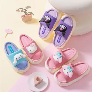 【SANRIO 三麗鷗】可愛卡通頭像造型亞麻厚底舒適柔軟透氣防滑親子兒童室內四季涼拖鞋