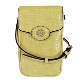 【TORY BURCH】TB金屬LOGO翻蓋皮革迷你款手機包斜背包(招財奶油黃色/贈原廠防塵袋紙袋)