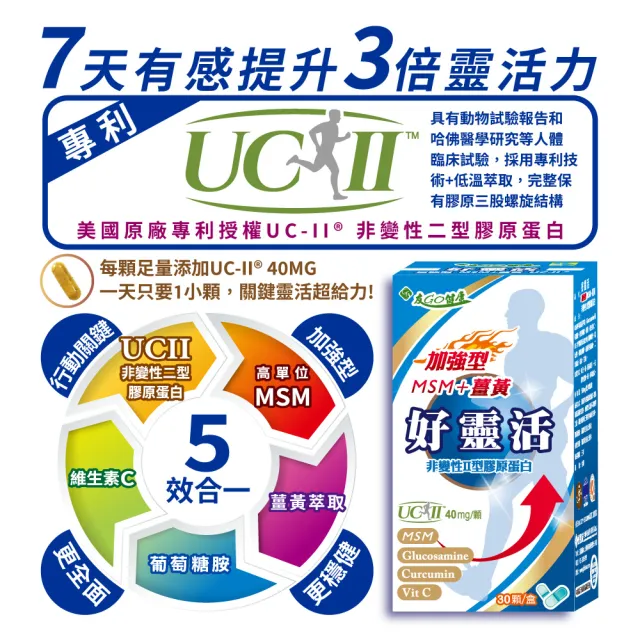 【友GO健康】好靈活UCII加強型MSM+薑黃+葡萄糖胺 5合一膠囊30顆x2盒(美國多項專利非變性二型膠原蛋白40mg)