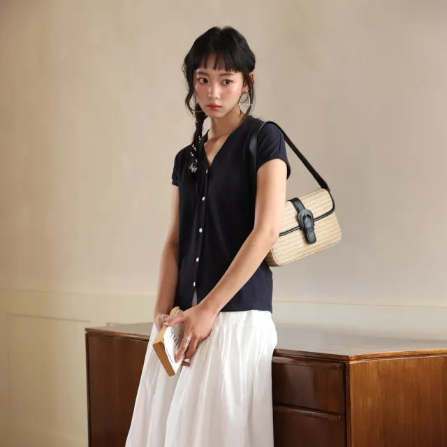 【BODYAIR】出清-V領鈕釦衫天絲亞麻短袖上衣(T恤.透氣.鬆軟.針織.外套.CASUAL)