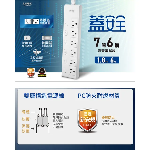 【太星電工】蓋安全-六開六插彩色延長線/七開六插滑蓋電腦線/3P15A6尺(OC66306)