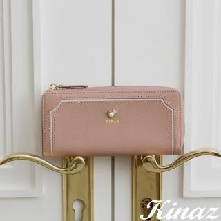 【KINAZ】牛皮奶油寶石奶霜邊框獨立卡片層L型拉鍊長夾-糖霜甜莓-甜白邊系列