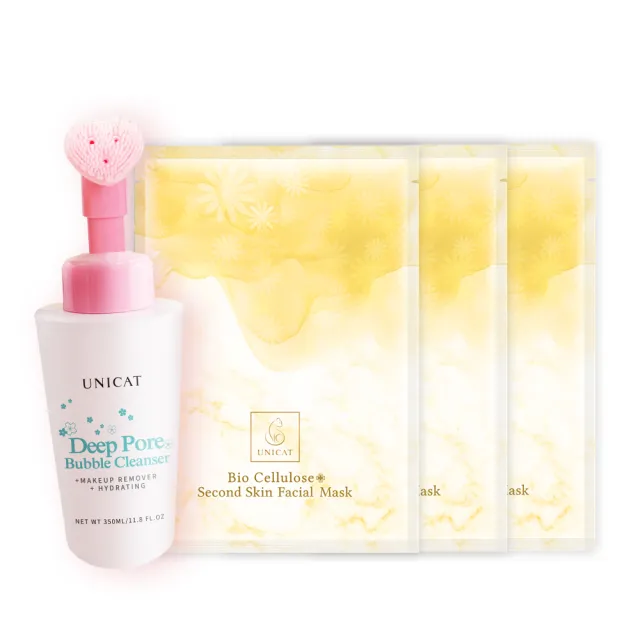 【UNICAT 變臉貓】淨化粉刺洗卸兩用慕斯 附柔膚潔面刷+修護細緻吸油面膜X3片(BHA綠茶洗顏慕斯 清潔面膜)