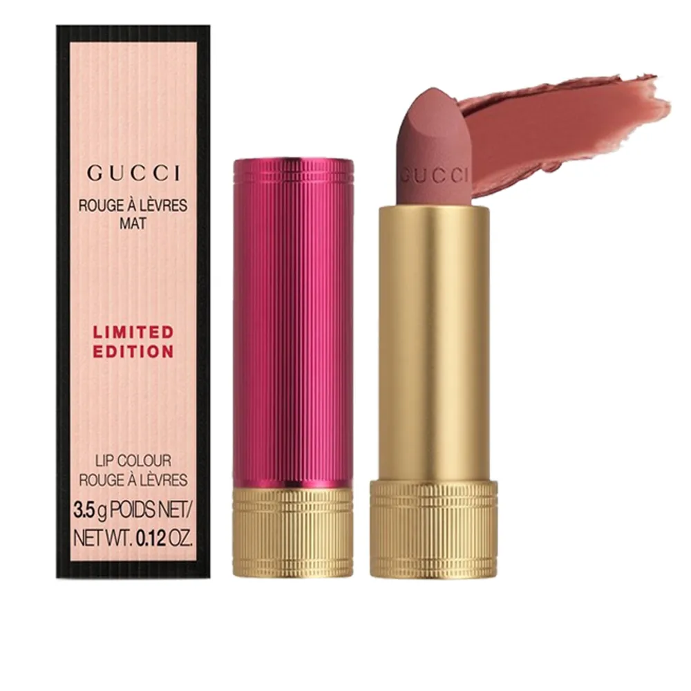 【GUCCI 古馳】潤澤絨霧唇膏3.5g限定粉管(#217玫瑰奶栗-國際航空版)