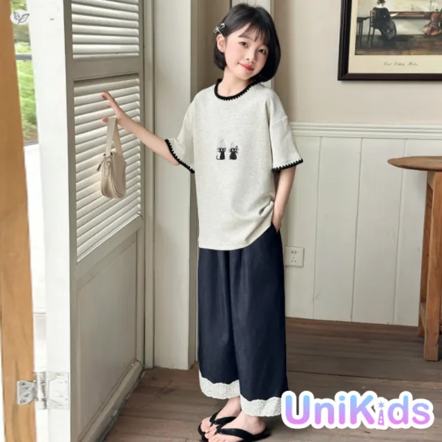 【UniKids】中大童裝短袖T恤 刺繡小貓上衣 女大童裝 VPSM2596(上衣)