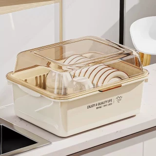 【臻品購】碗筷收納盒 碗碟瀝水架 廚房碗櫃 餐具收納箱(奶瓶收納箱 分區收納帶瀝水籃 帶蓋防塵防蟲)