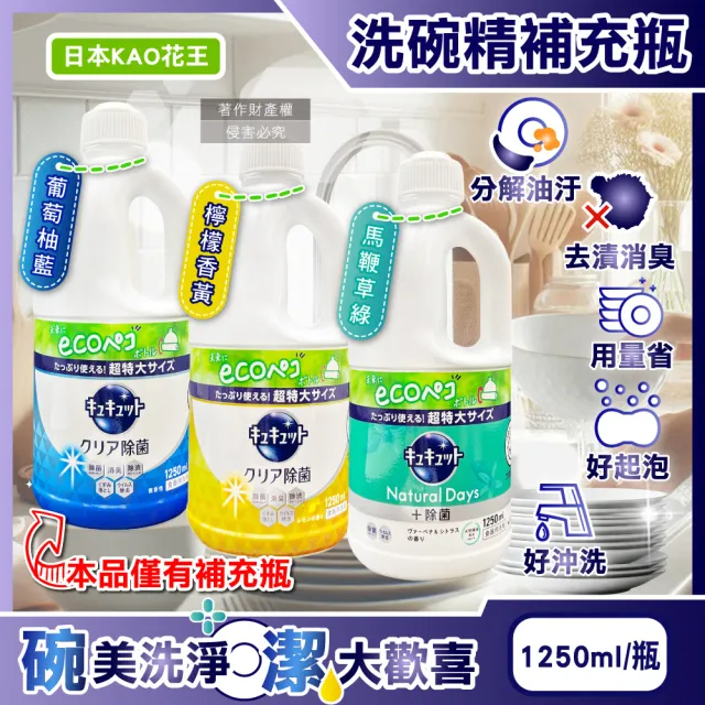 【日本KAO花王】家電洗碗機耗材珂珂透CUCUTE去重油汙除漬濃縮洗碗精補充瓶1250ml/大超值瓶(洗碗清潔劑)