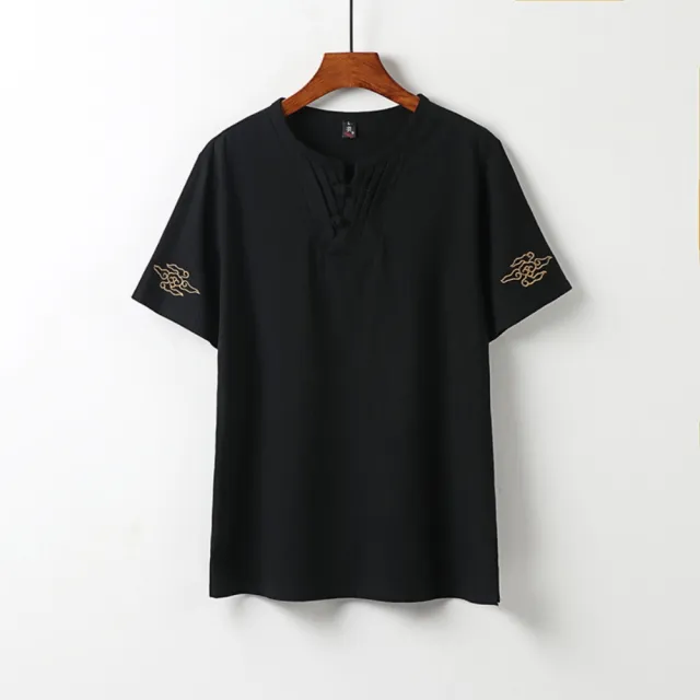 【米蘭精品】現貨+預購 新中式棉麻上衣棉麻襯衫T恤透氣日系亞麻休閒男裝(父親節送禮物復古風刺繡5色t1lk30)