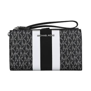 【Michael Kors】MICHAEL KORS JET SET經典LOGO金屬銀x黑條紋設計塗層帆布6卡拉鍊釦式手提對折長夾(黑)
