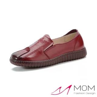 【MOM】真皮樂福鞋 軟底樂福鞋/真皮頭層牛皮刺繡縫線復古軟底樂福鞋(紅)