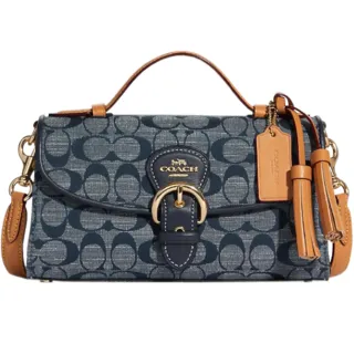 【COACH】Kleo藍色香布蕾織紋布流蘇橫式手提斜背包