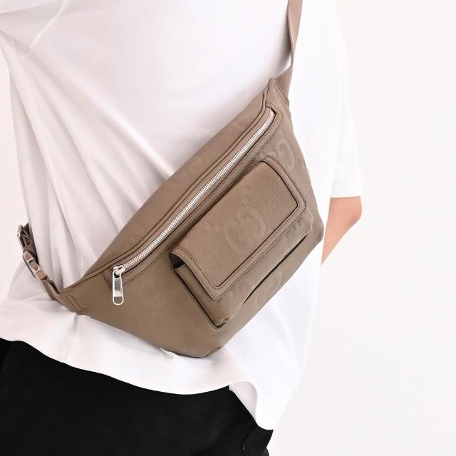 【GUCCI 古馳】簡約經典大雙G皮革壓紋三用後背包胸口包腰包(大象灰)