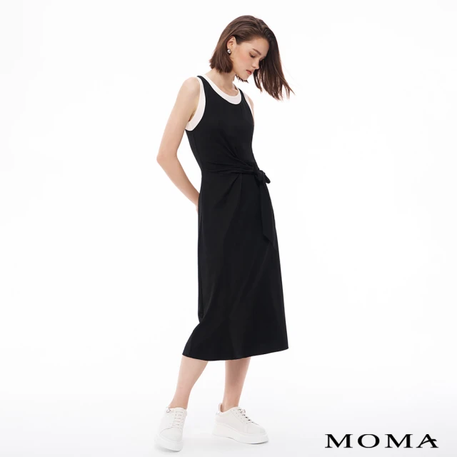 【MOMA】親膚彈力假兩件式撞色綁結長洋裝(黑色)