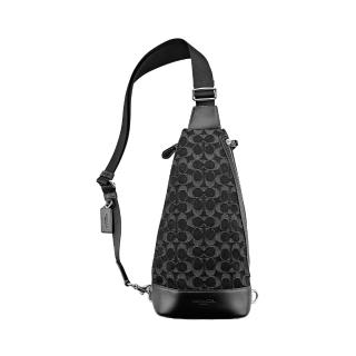 【COACH】C Logo丹寧布直式單肩胸背斜後背男包(黑灰C/緹花)