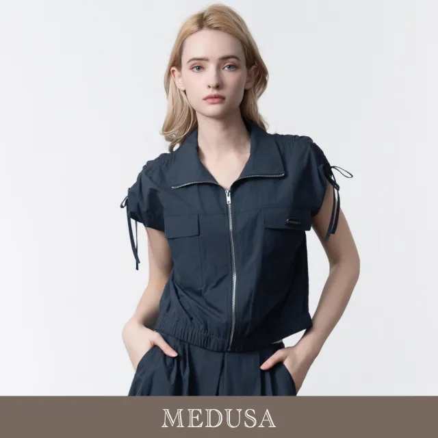 【MEDUSA 曼度莎】現貨-街頭抽皺拉鍊外套上衣 - 2色（M-XL）｜女外套上衣 短袖上衣 休閒上衣(605-5410A)