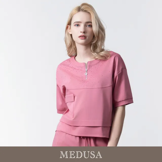 【MEDUSA 曼度莎】現貨-粉紅閃鑽拉鍊運動風短袖上衣(M-XL)|女運動上衣 女休閒上衣 女T恤(605-5470A)