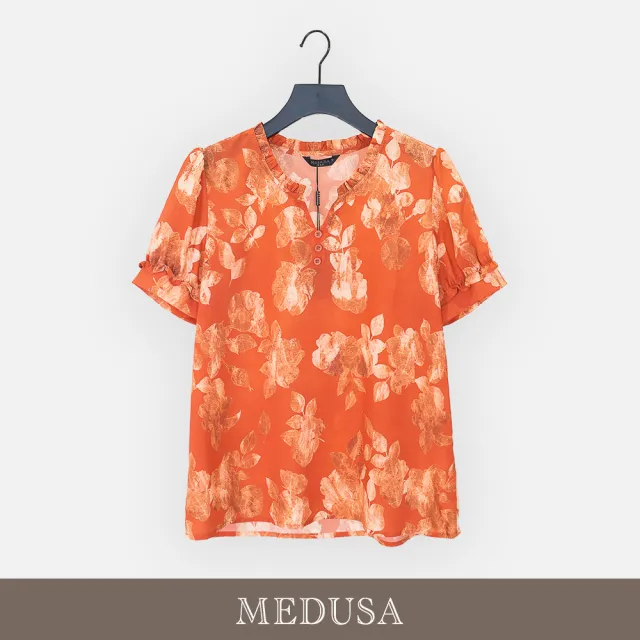 【MEDUSA 曼度莎】現貨-橘紅花卉小荷葉領雪紡上衣（M-2L）｜女長版上衣 女休閒上衣 雪紡上衣(601-37501)