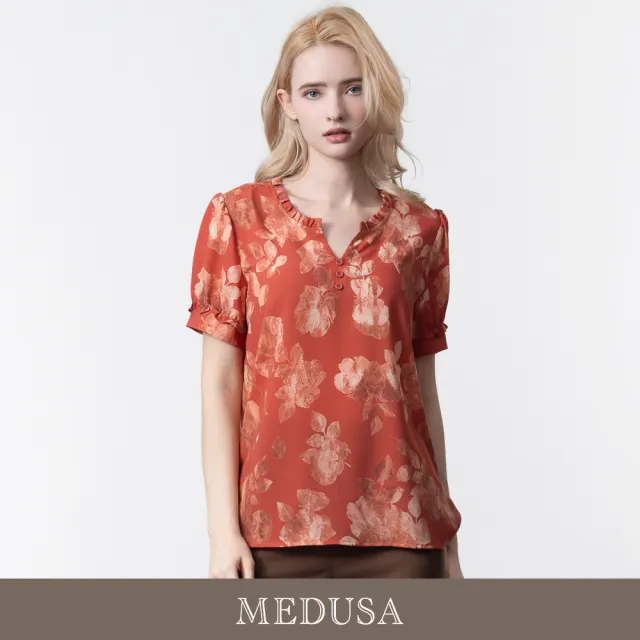 【MEDUSA 曼度莎】現貨-橘紅花卉小荷葉領雪紡上衣(M-2L)|女長版上衣 女休閒上衣 雪紡上衣(601-37501)