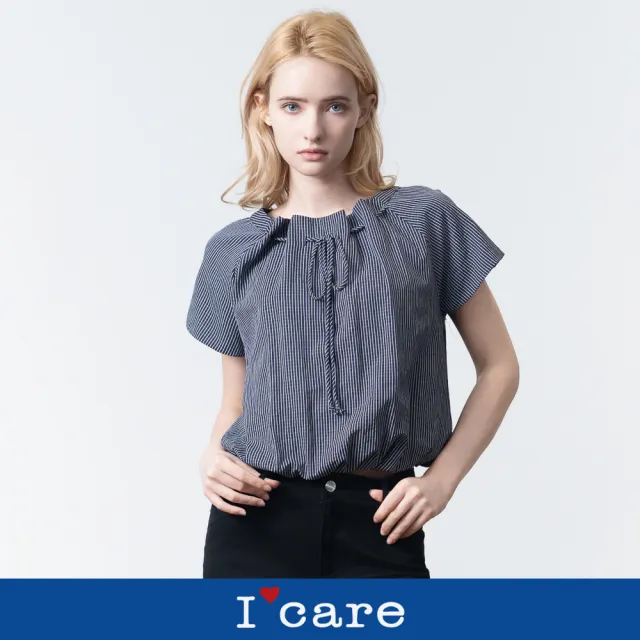 【I’Care 依卡】現貨-微澎袖抽繩綁帶短袖上衣（F）｜女短袖上衣 氣質穿搭 休閒上衣(607-17001)