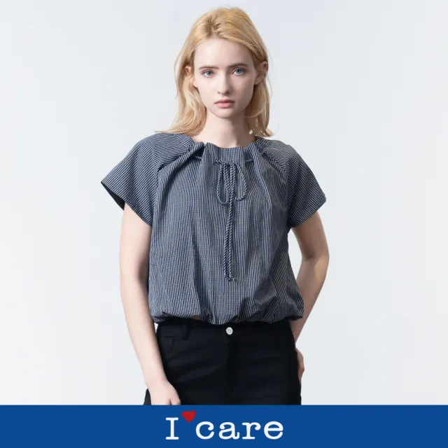 【I’Care 依卡】現貨-微澎袖抽繩綁帶短袖上衣(F)|女短袖上衣 氣質穿搭 休閒上衣(607-17001)