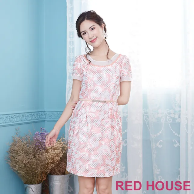 【RED HOUSE 蕾赫斯】透膚剪接花朵點點洋裝-不含腰帶(粉橘色)