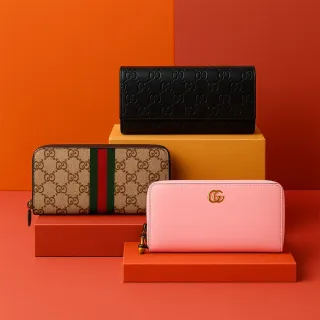 【GUCCI 古馳】經典LOGO壓紋拼接拉鍊掀蓋長夾(多款可選)