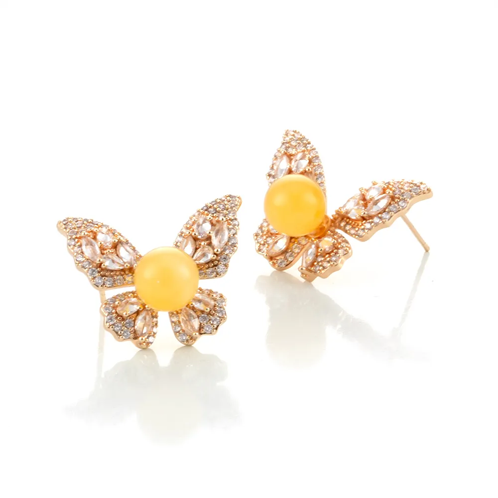 【Woogie武吉珠寶】琥珀蜜蠟水鑽蜜蠟耳環(水鑽蝴蝶8mm)