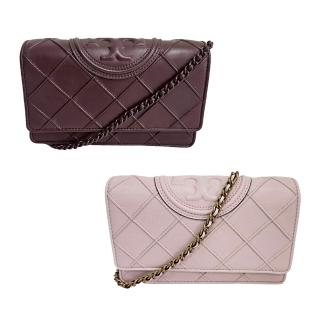 【TORY BURCH】TB 專櫃款經典大浮雕LOGO菱格皮革WOC手拿斜背包(豬肝紅/淡粉紅/贈原廠防塵袋紙袋)