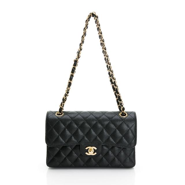 【CHANEL 香奈兒】Classic Flap bag 荔枝紋/中型菱格/金黑雙色鏈帶/包身較長 23cm(黑)