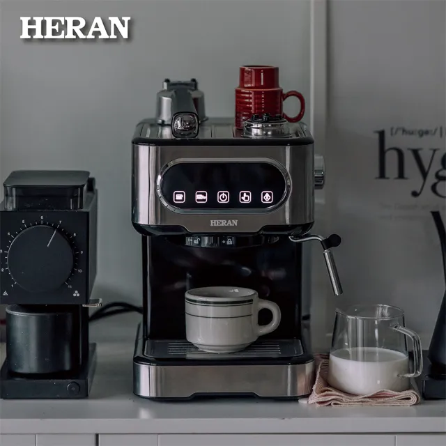 【HERAN 禾聯 官方直營】LED微電腦觸控半自動義式咖啡機(15Bar萃取奶泡 HCM-15XBE10)+不鏽鋼電動磨豆機
