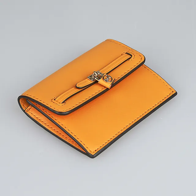 【Michael Kors】MICHAEL KORS Hamilton Legacy鎖頭吊飾2卡皮革卡片零錢包(小/橘黃)