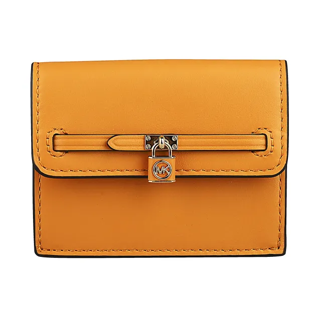 【Michael Kors】MICHAEL KORS Hamilton Legacy鎖頭吊飾2卡皮革卡片零錢包(小/橘黃)