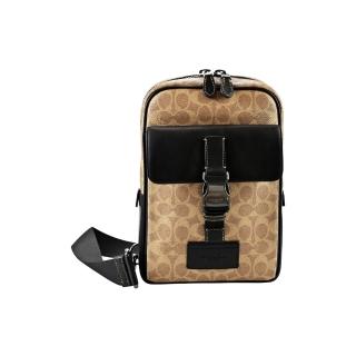 【COACH】棕色C Logo PVC拼接黑色真皮前扣袋單肩胸背斜後背男包