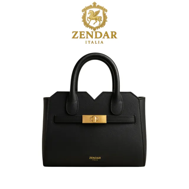 【ZENDAR】頂級小牛皮十字紋手提包肩背包 娜塔莉系列(黑色 22號)