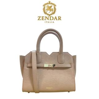 【ZENDAR】頂級小牛皮十字紋手提包肩揹包 娜塔莉系列(杏色 22號)